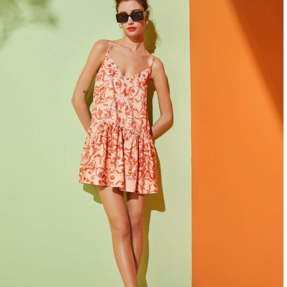 Amur Angela Mini Dress Women’s Size 0 Apricot Baroque‎ Print Organic Cotton NWT